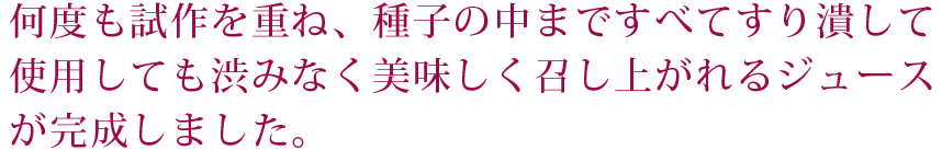 何度も試作を重ね、種子の中まで全部すり潰しても
渋みやエグみのないジュースが完成しました。